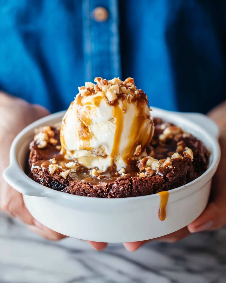 A white round dish filled with a warm, dense chocolate dessert that has a moist, crumbly texture on top and a rich, gooey center. On top of this dessert, there is a large scoop of creamy vanilla ice cream with a smooth surface, slightly melting around the edges. The ice cream is drizzled with a golden caramel sauce and sprinkled with crushed nuts that add a crunchy texture. The dish is held by a woman's hands, and the background features a blue garment and a white marbled surface below. photo taken with an iphone --ar 4:5 --v 7