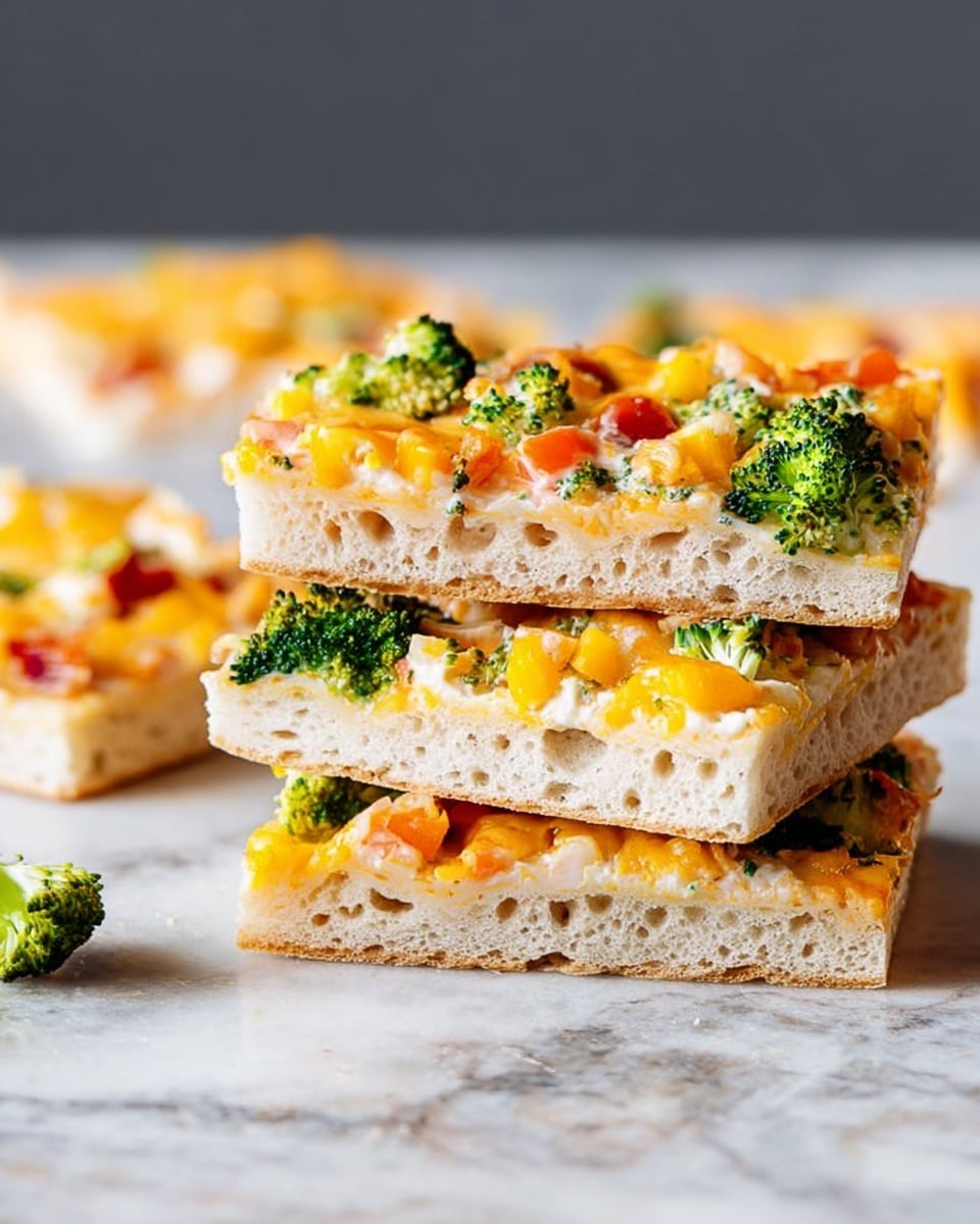 The image shows a stack of three square pieces of flatbread pizza placed on a white marbled surface. Each piece has three layers: the bottom layer is a thick, light beige flatbread with a soft texture and some air pockets. The middle layer is a creamy white sauce spread evenly, topped with small chunks of bright orange cheddar cheese, green broccoli florets, and small red tomato pieces scattered across the surface. The top layer is the same combination of cheese, broccoli, and tomatoes, giving the pizza a colorful and fresh look. In the background, there is another slice, slightly blurred, showing the same toppings. A couple of small pieces of broccoli and cheese are placed beside the stack. Photo taken with an iphone --ar 4:5 --v 7