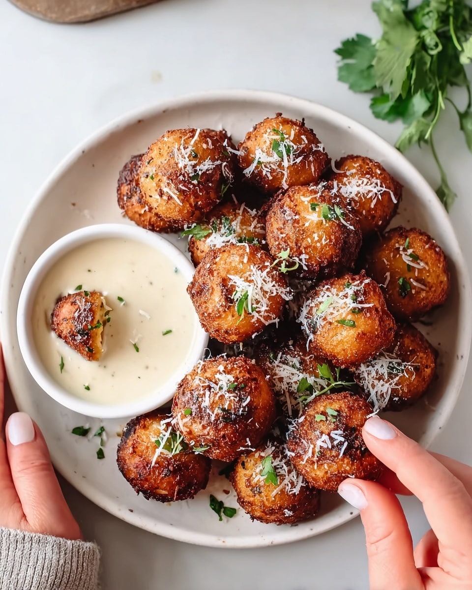 A white oval plate holds a pile of golden-brown fried cheese balls with a rough, crispy texture. One cheese ball is broken open near the front, showing its soft, gooey white inside. The balls are topped with finely chopped green herbs and grated white cheese scattered over them. On the upper left edge of the plate, there is a small white bowl filled with a thick creamy white sauce. The plate is set on a white marbled surface. photo taken with an iphone --ar 4:5 --v 7