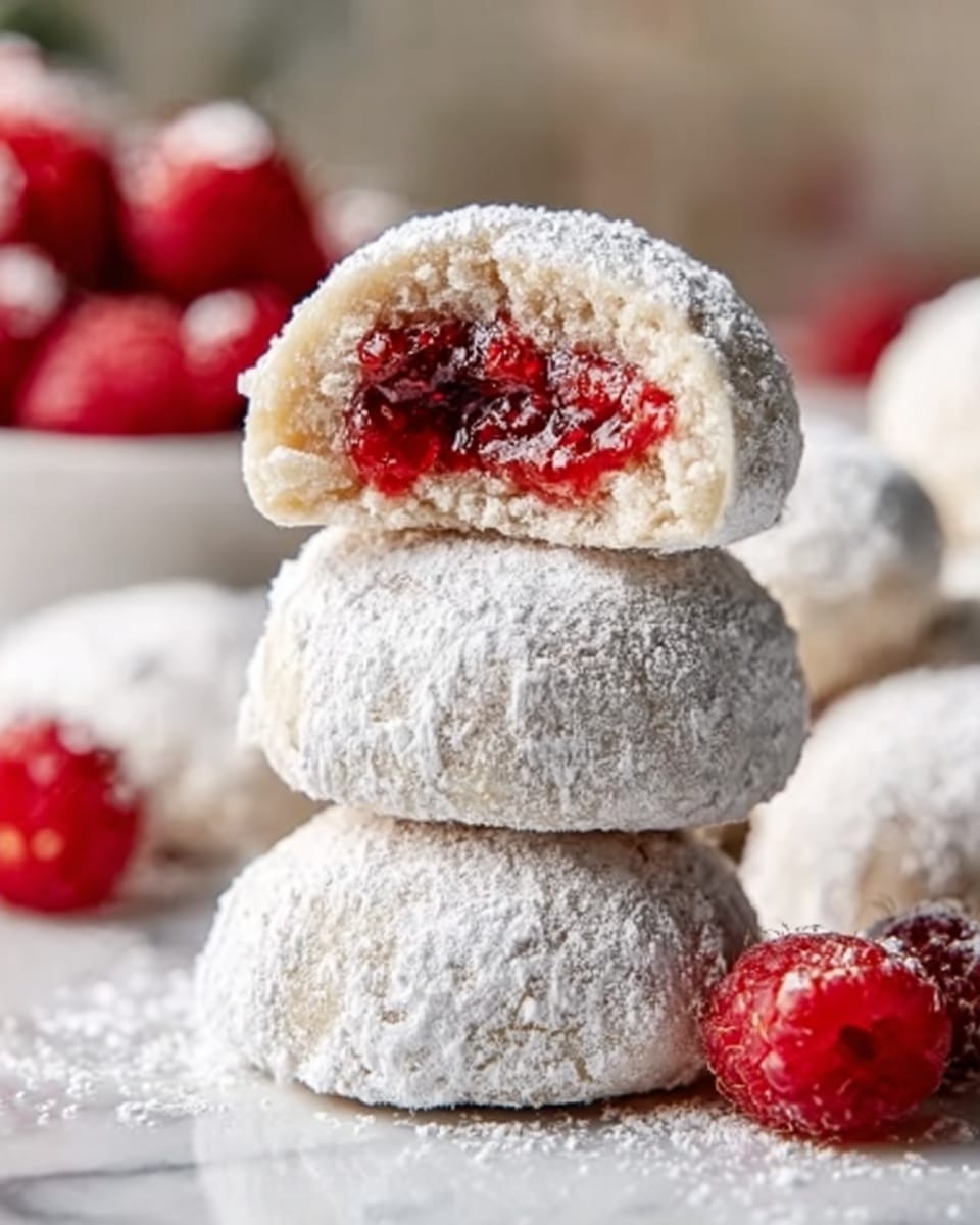 The image shows a stack of three round, white cookies dusted with powdered sugar, sitting on a white marbled surface. The top cookie is cut in half, revealing a bright red, slightly chunky fruit filling inside. The cookies have a soft, crumbly texture with a smooth outer layer, and the powdered sugar looks fine and powdery. In the blurred background, there is a white bowl filled with fresh red raspberries that match the filling color. The overall scene feels clean and fresh, with soft, natural light. Photo taken with an iphone --ar 4:5 --v 7