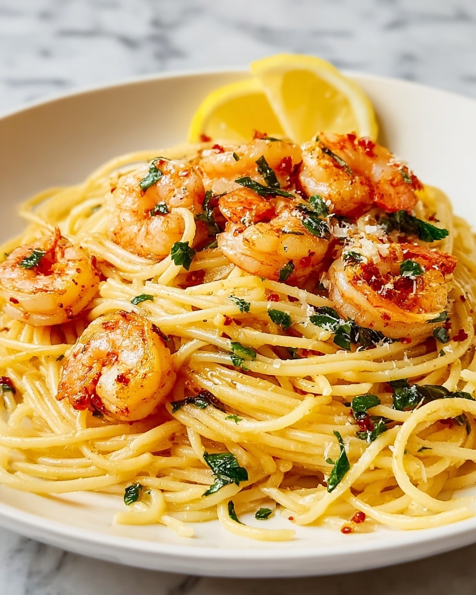 A white plate holds a serving of spaghetti layered thickly with pale yellow noodles forming the base. On top, several pinkish-orange cooked shrimp are scattered, each showing slightly charred marks. Green herbs are sprinkled throughout the noodles, adding flecks of dark green color. A small wedge of bright yellow lemon rests on the edge of the plate. The background shows a white marbled texture surface. photo taken with an iphone --ar 4:5 --v 7