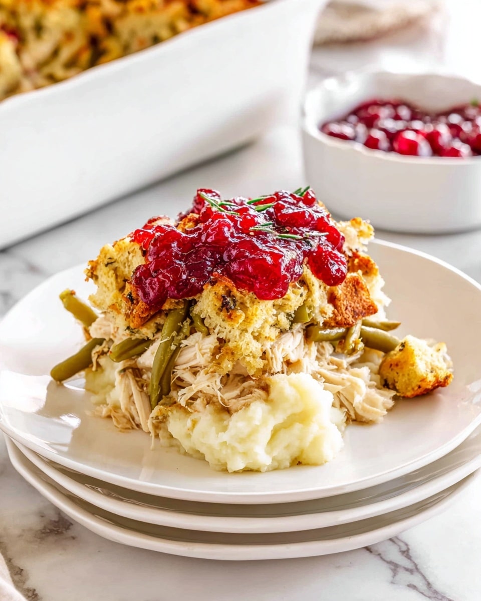 A white plate holds a layered serving of a casserole dish resting on two stacked white plates. The bottom layer is creamy white mashed potatoes with a smooth, thick texture. On top of this is a mix of tender green beans and shredded poultry in a light-colored sauce, showing a soft but slightly chunky texture. The next layer is a golden-brown crispy stuffing with visible herbs and small bits of bread, adding a crunchy texture. At the very top sits a bright red cranberry sauce, glossy and thick with whole cranberries, adding a vibrant pop of color. The plate is on a white marbled surface, with a white dish of extra cranberry sauce and a portion of the same casserole in the background. Photo taken with an iphone --ar 4:5 --v 7
