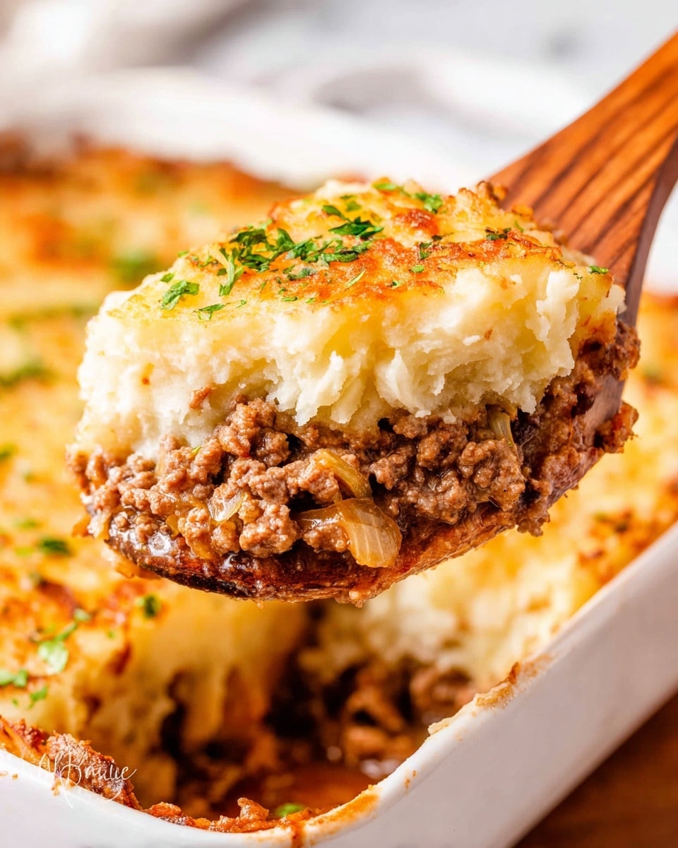 A close-up of a wooden spoon lifting a layered dish from a white square baking dish on a white marbled surface. The dish has three visible layers: the top layer is a golden-brown, slightly crispy mashed potato topping with some chopped green herbs sprinkled on top; the middle layer is a mix of cooked ground meat with a soft, slightly saucy texture and visible cooked onions or vegetables; the bottom layer, partly seen in the baking dish, appears to be more of the browned meat mixture. The wooden spoon holds a generous scoop showing all layers clearly, with the mashed potato bright and fluffy, meat richly textured, and herbs adding a fresh green contrast. photo taken with an iphone --ar 4:5 --v 7