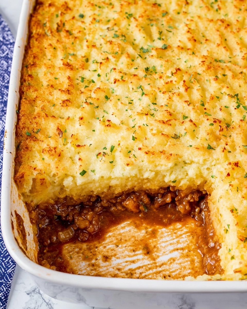 A baked dish shown in a white rectangular casserole with a cut-out corner revealing three layers: the top layer is a golden-brown mashed potato crust sprinkled with small green herb pieces and light red seasoning; beneath it, the middle layer is a rich, chunky beef and gravy mixture with visible bits of onions; the edges of the dish have some baked-on sauce residue; the casserole rests on a white marbled surface with a hint of a blue patterned cloth visible at the bottom edge; photo taken with an iphone --ar 4:5 --v 7