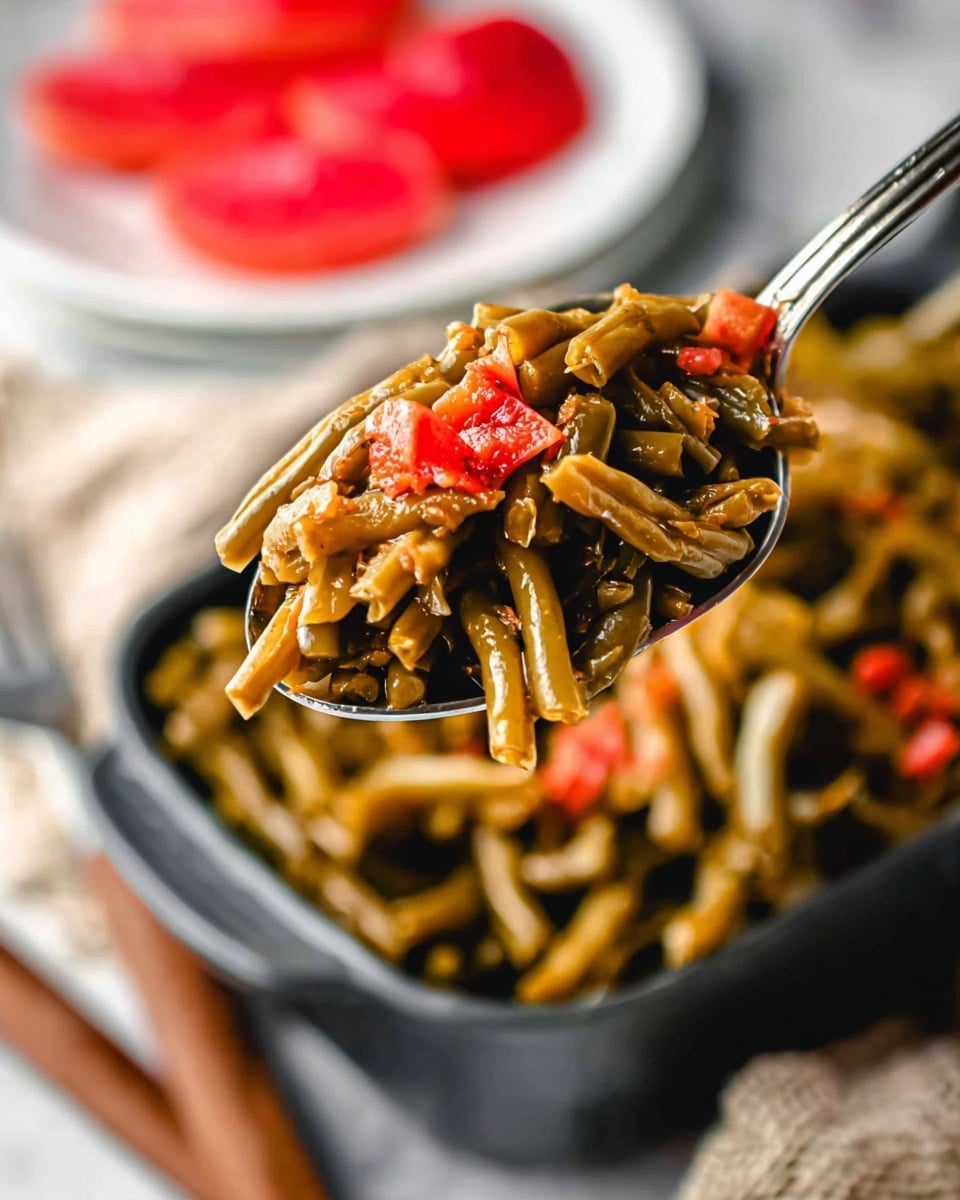 A close-up view of cooked green beans mixed with small pieces of red bell pepper, shown wet and shiny from sauce or seasoning, held on a silver spoon above a black container full of more of the same dish. The green beans are long and slender with a glossy olive-green color, and the small red pieces add bright contrast. In the blurred background, there is a white plate with sliced red fruit placed on a white marbled surface, along with a textured beige cloth and a matching wooden fork. Photo taken with an iphone --ar 4:5 --v 7