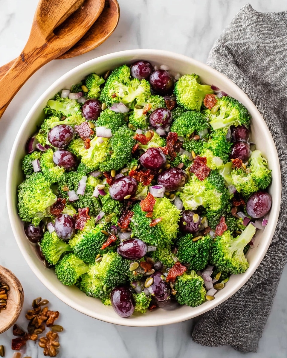 A white bowl filled with a fresh broccoli salad placed on a white marbled surface, containing bright green broccoli florets as the base layer, topped with dark purple sliced grapes scattered evenly, small bits of red bacon pieces sprinkled on top, finely chopped light purple onion, and a light sprinkle of sunflower seeds spread throughout the salad, beside the bowl, there is a pair of wooden salad tongs resting partially on a gray cloth napkin. photo taken with an iphone --ar 4:5 --v 7