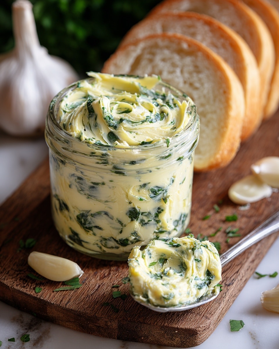 A small clear glass jar is filled with a creamy mix of pale yellow butter blended with dark green chopped herbs, showing a soft and textured surface with swirls and small peaks. Next to the jar, a silver spoon rests on a wooden board, holding a scoop of the same herb butter with visible leaves intertwined in the spread. Behind the jar, several slices of white bread are arranged in a row, showing their golden crust and soft light interior. In the background to the left, a whole white garlic bulb and separated cloves sit slightly blurred. The scene is set on a white marbled texture, with extra chopped herbs scattered around the jar and spoon. photo taken with an iphone --ar 4:5 --v 7