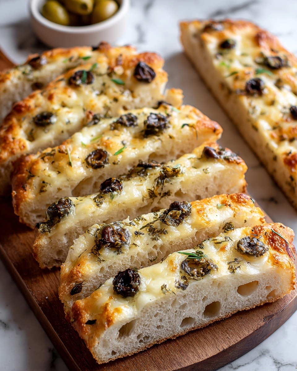 The image shows five thick slices of focaccia bread placed in a row on a wooden board. Each slice has a golden-brown, bubbly top layer covered with melted cheese that has a slightly browned texture in spots. Small black and green olive pieces are scattered across the cheesy surface along with green herb sprigs, adding specks of dark and fresh green colors. The bread underneath looks soft and airy with a pale beige inside and a light crust. In the background, there is a small white bowl with some olives, and the whole scene is set on a white marbled textured surface. Photo taken with an iphone --ar 4:5 --v 7