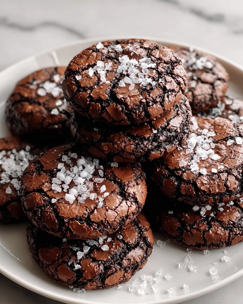 A pile of round, dark brown chocolate cookies with a cracked top texture is shown on a white plate. Each cookie is topped with a generous layer of coarse white salt crystals that contrast with the rich chocolate color. The cookies are stacked in layers, some overlapping, showing their thick and slightly glossy surface with deep fissures. The overall look is rustic and homemade, with the salt adding a rough texture to the smooth, shiny top of the cookies. The plate sits on a white marbled surface. photo taken with an iphone --ar 4:5 --v 7