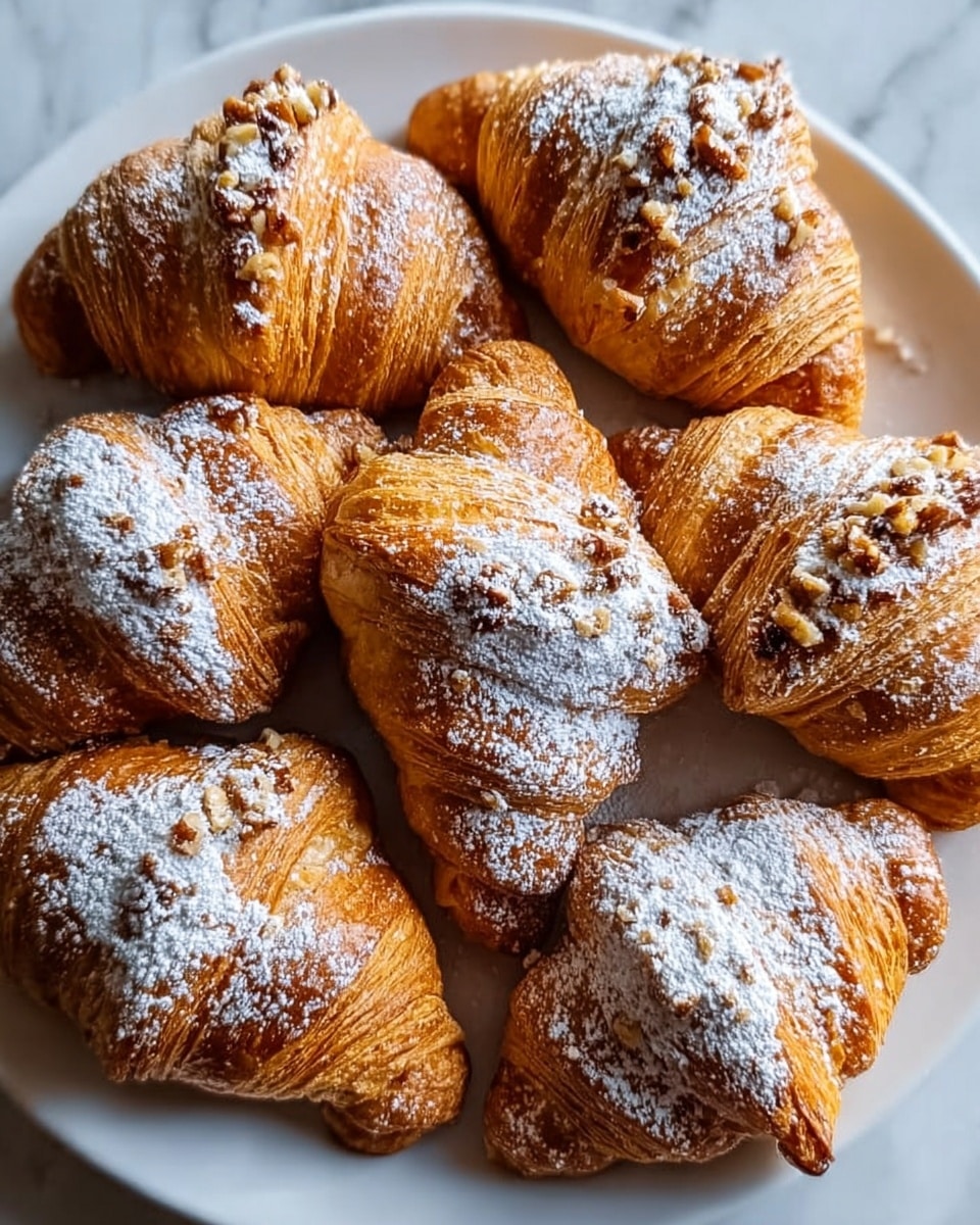 The image shows a white plate filled with six golden brown croissants. Each croissant has a flaky, layered texture with a slight shine on the surface. They are dusted with a light layer of white powdered sugar, giving them a soft, snowy look. Small bits of chopped nuts sprinkle the tops of the croissants, adding texture and color contrast with brown and beige specks. The plate sits on a white marbled surface that adds a clean and elegant background. photo taken with an iphone --ar 4:5 --v 7