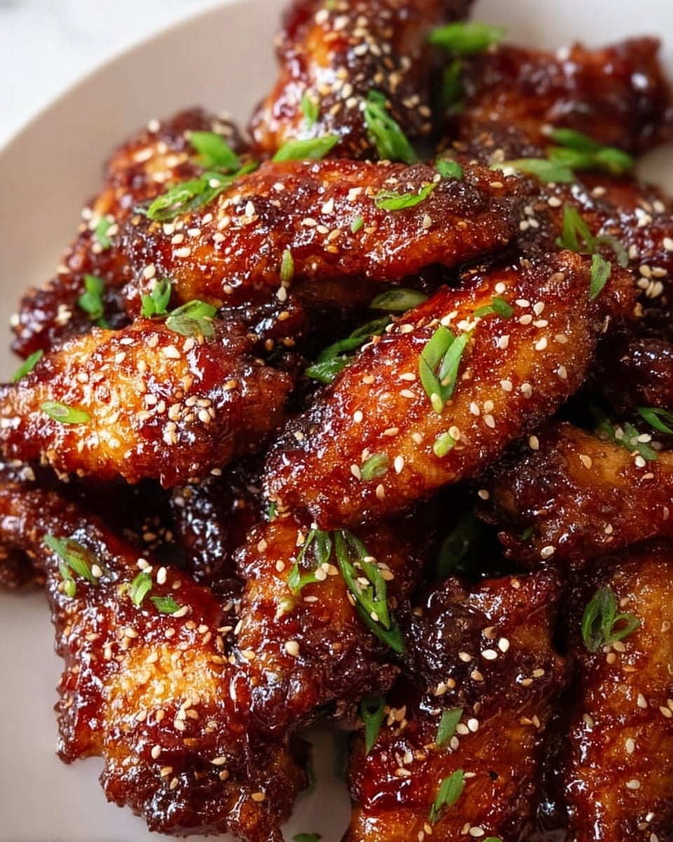 A white plate holds many crispy chicken wings coated in a shiny, dark reddish-brown sauce that looks sticky and sweet. The wings are sprinkled with white sesame seeds and chopped green onions, adding small splashes of color on top. The wings are piled closely together, showing their textured, crunchy skin under the glaze. The background shows a white marbled surface. photo taken with an iphone --ar 4:5 --v 7