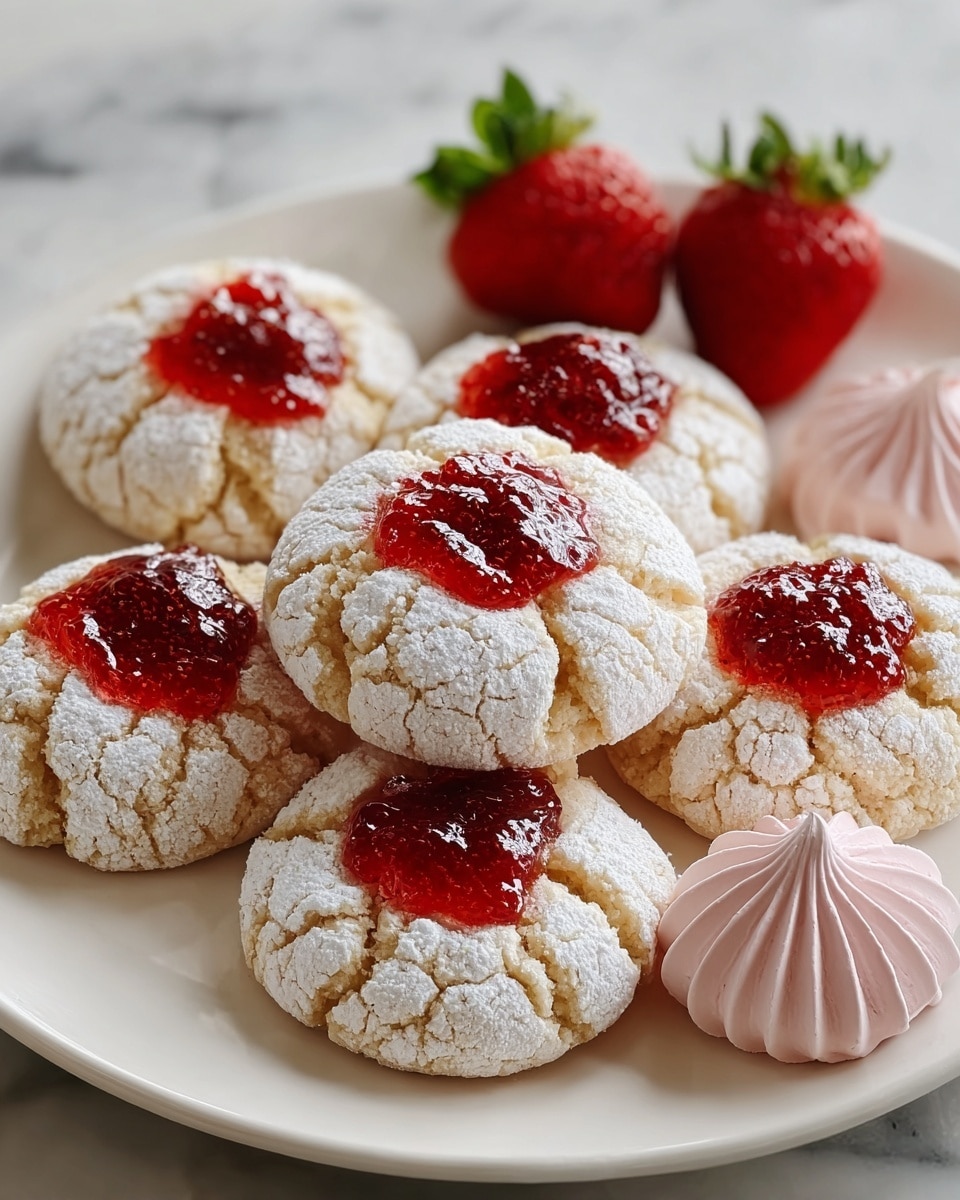A white plate holds six cracked sugar cookies dusted with powdered sugar, each cookie topped with a dollop of bright red jam in the center, giving a rough, textured look. Around the cookies are three fresh red strawberries with green leaves and two light pink meringue cookies with a smooth, swirled texture. The plate is placed on a white marbled surface. photo taken with an iphone --ar 4:5 --v 7