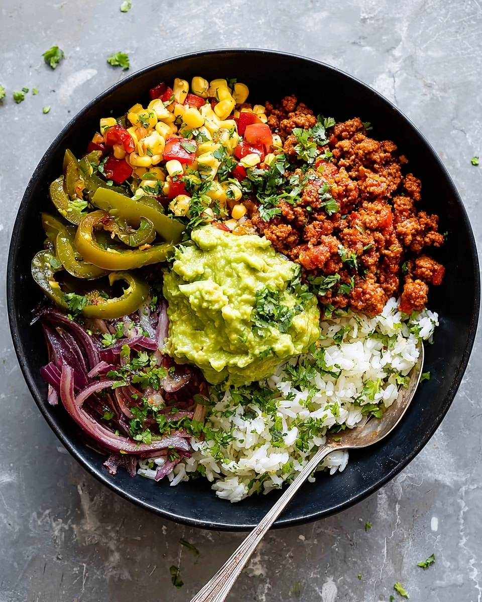 A black bowl holds a colorful, layered dish on a white marbled texture. At the bottom right, there is a bed of white rice mixed with green herbs, with a silver spoon resting on the edge. Above the rice, slightly to the center, is a mound of bright green guacamole, creamy in texture. To the right of the guacamole is a rich, crumbly layer of reddish-brown cooked ground meat with small green herb bits. Above the guacamole is a vibrant mixture of corn, red onion, and diced tomatoes, speckled with fresh green herbs. On the left side, there are slices of cooked green peppers mixed with translucent red onion strips. The combination of colors and textures creates an appealing, fresh look. Photo taken with an iphone --ar 4:5 --v 7