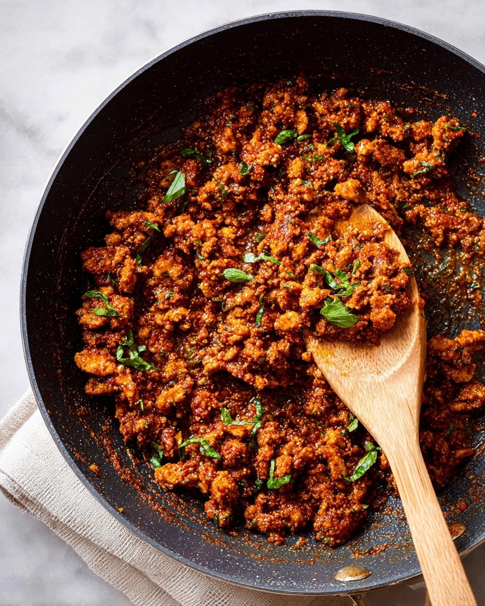 A close-up top view of a black frying pan filled with a rich, reddish-brown cooked ground dish, mixed with small green herb leaves sprinkled on top. A wooden spoon is lifting a portion from the pan, showing chunky texture pieces coated in the thick sauce with visible bits of seasoning. The pan rests on a white marbled textured surface, with a light-colored cloth nearby. photo taken with an iphone --ar 4:5 --v 7