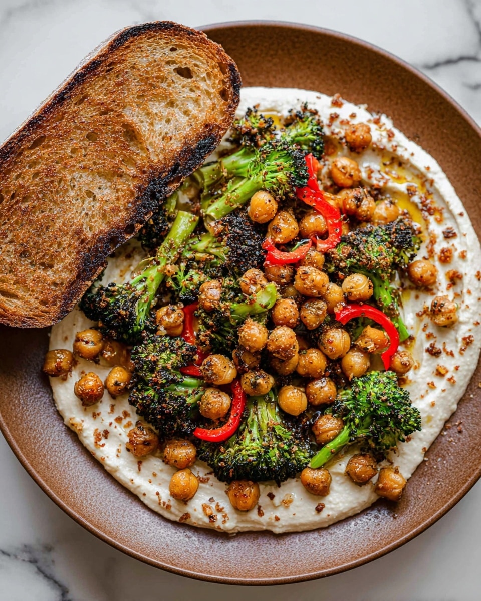 A white plate holds a layer of creamy white hummus spread as the base, topped with a mix of dark green grilled broccoli pieces and light brown roasted chickpeas scattered over it. Bright red thin slices of bell pepper are placed randomly across the top. A single large piece of toasted brown bread with a crispy texture rests on the left side of the plate. The background is a white marbled texture. photo taken with an iphone --ar 4:5 --v 7