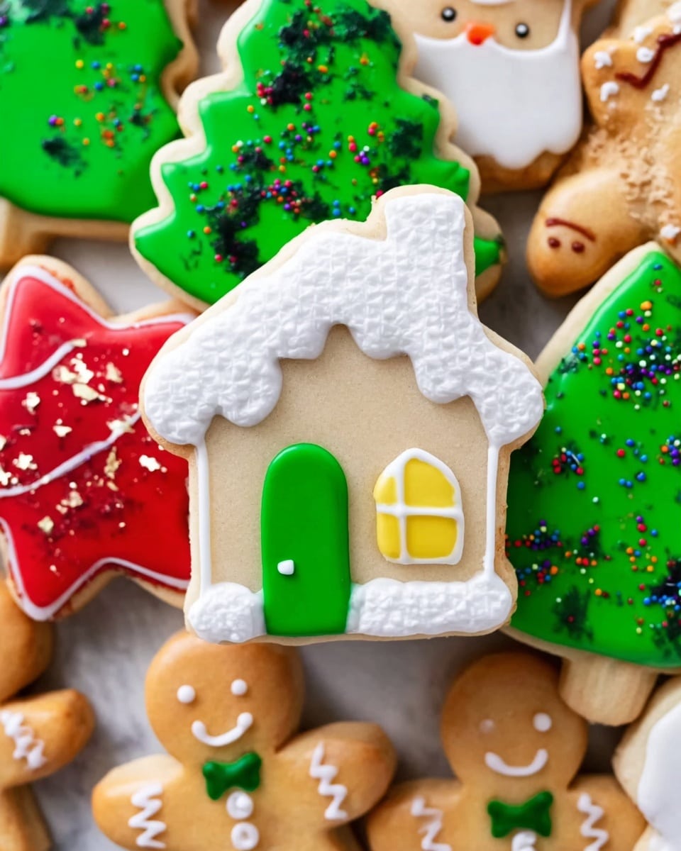 A pile of festive cookies is shown on a white marbled texture, with a large house-shaped cookie in the center having three layers: a white textured roof on top, a beige body with a smooth finish in the middle, and a green door outlined in white at the bottom right side, plus a small yellow window outlined in white near the left side. Around the house cookie, there are several other cookies including bright green Christmas trees decorated with colorful sprinkles and white icing lines, red star-shaped cookies with white star and round decorations, and small brown gingerbread men with white icing faces and green or red details. The cookies have a shiny glazed look and are closely stacked, filling the whole frame. photo taken with an iphone --ar 4:5 --v 7