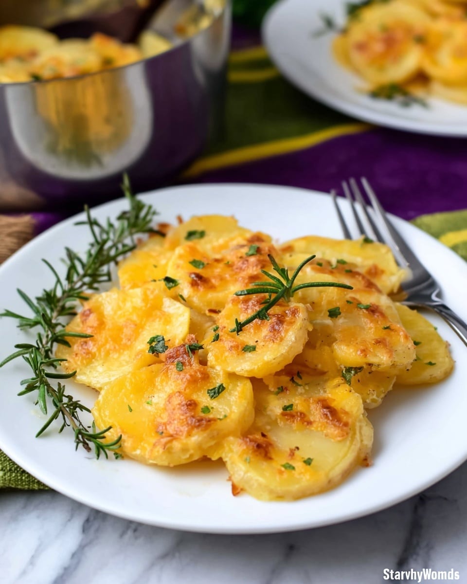 A white plate holds one layer of golden-yellow cooked potato slices topped with melted yellow cheese that has browned slightly in spots, adding a crispy texture. Small green parsley flakes are sprinkled across the dish, along with two small sprigs of fresh rosemary placed on top. The potatoes have some light browning and a soft, tender texture. In the background, there is part of another white plate with the same dish, a silver pot, and a purple cloth with green and yellow stripes, all set on a white marbled surface. photo taken with an iphone --ar 4:5 --v 7