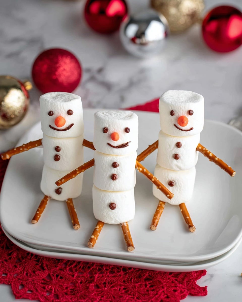 Three marshmallow snowmen are arranged on a white square plate placed on a white marbled surface with a red lace cloth underneath. Each snowman is made of three white marshmallows stacked vertically. Small pretzel sticks create arms and legs, with two pretzels for legs and one for each arm. The top marshmallow of each snowman features a simple face drawn with small dots for eyes and a smiling mouth in brown, and a small orange candy for a carrot-shaped nose. In the background, shiny red, silver, and gold round ornaments are scattered, completing a festive look. photo taken with an iphone --ar 4:5 --v 7