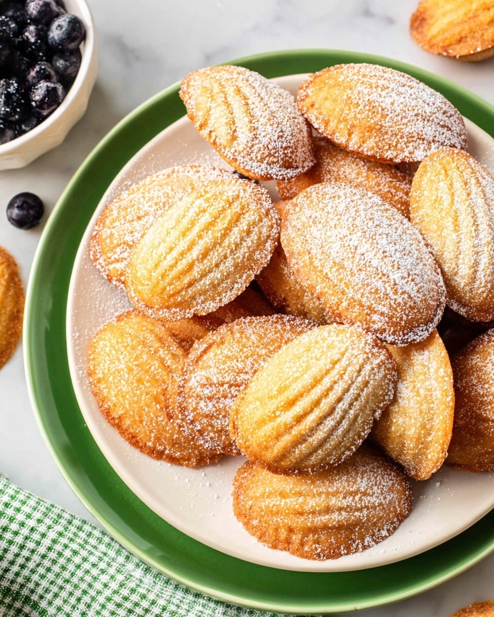 A white plate with a green rim holds a stack of golden-brown madeleines, each with a slightly crispy edge and a soft, textured surface lightly dusted with powdered sugar, arranged in an overlapping pattern. Nearby, a white bowl filled with plump, shiny blueberries sits on a white marbled surface with a green and white checkered cloth beneath. Photo taken with an iphone --ar 4:5 --v 7