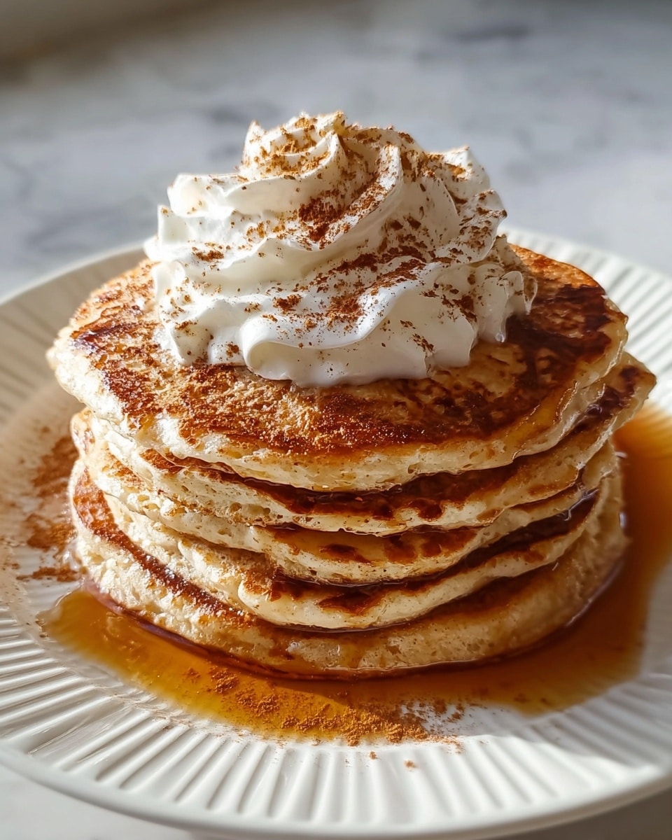 A stack of five golden brown pancakes sits in the center of a white plate with ridged edges, each pancake showing a slightly uneven, fluffy texture with browned spots. The stack is drizzled with amber syrup that pools around the base, creating a shiny, sticky layer. At the top, a generous swirl of white whipped cream is placed, with soft, smooth peaks, sprinkled with a dusting of light brown cinnamon powder that also lightly covers parts of the pancakes and plate. The scene is on a white marbled texture surface with soft natural light highlighting the pancakes' warm colors and textures. photo taken with an iphone --ar 4:5 --v 7