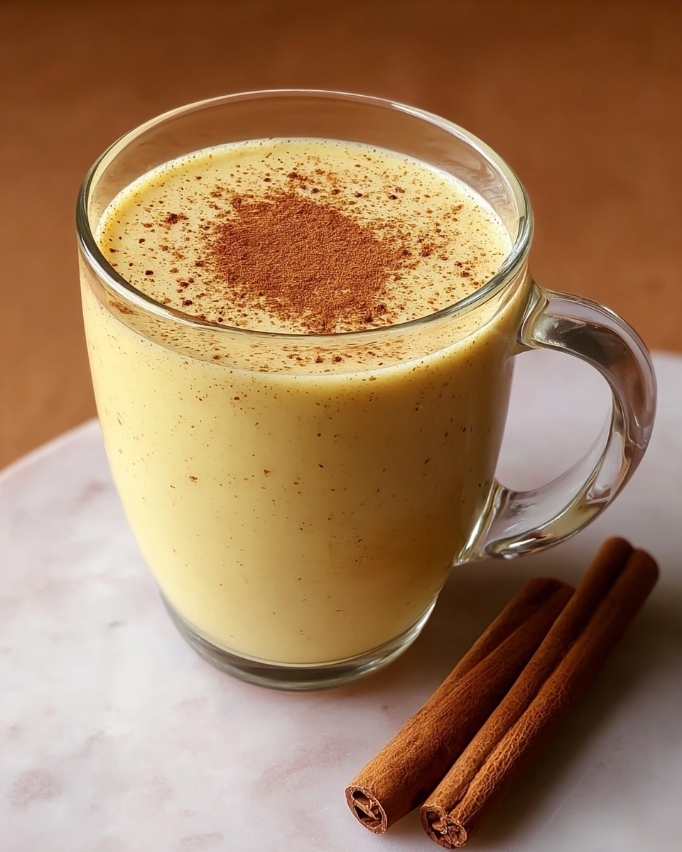 A clear glass mug filled with a smooth, creamy light yellow drink topped with a light dusting of brown cinnamon powder. The drink has tiny dark specks visible throughout, suggesting rich spices or vanilla seeds mixed in. Two cinnamon sticks lie beside the mug on a white marbled surface, enhancing the warm, cozy look of the scene. The background is a soft brown color that gives a warm feeling. photo taken with an iphone --ar 4:5 --v 7