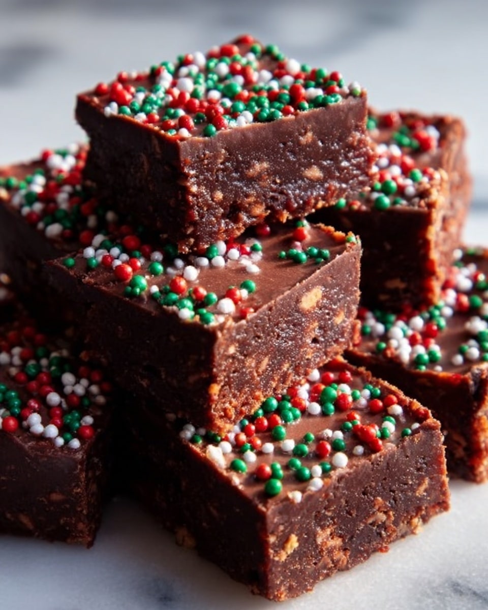 The image shows a stack of seven thick, square-shaped brownies on a white marbled surface. Each brownie has a rich, dark brown chocolate base with a smooth and slightly glossy texture. The top layer of each brownie is decorated with small, round sprinkles in red, green, and white colors, scattered evenly across the surface. The brownies appear dense and fudgy, and the edges have a slightly crumbly texture. The image focuses closely on the stack, highlighting the contrast between the dark chocolate and the bright sprinkles. Photo taken with an iphone --ar 4:5 --v 7