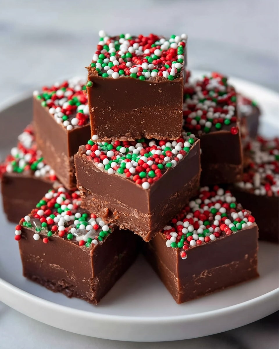 A white plate holds a stack of six square chocolate fudge pieces, arranged in a pyramid shape with three at the bottom, two in the middle, and one on top. Each piece has two layers: a dense, slightly textured dark brown fudge base and a smooth, glossy chocolate layer on top. Colorful round sprinkles in red, white, and green cover the surface of each piece, adding a festive look. The edges of the fudge squares are clean but show slight imperfections, and the lighting highlights the creamy texture and rich color of the chocolate against the white plate and the soft white marbled background. photo taken with an iphone --ar 4:5 --v 7