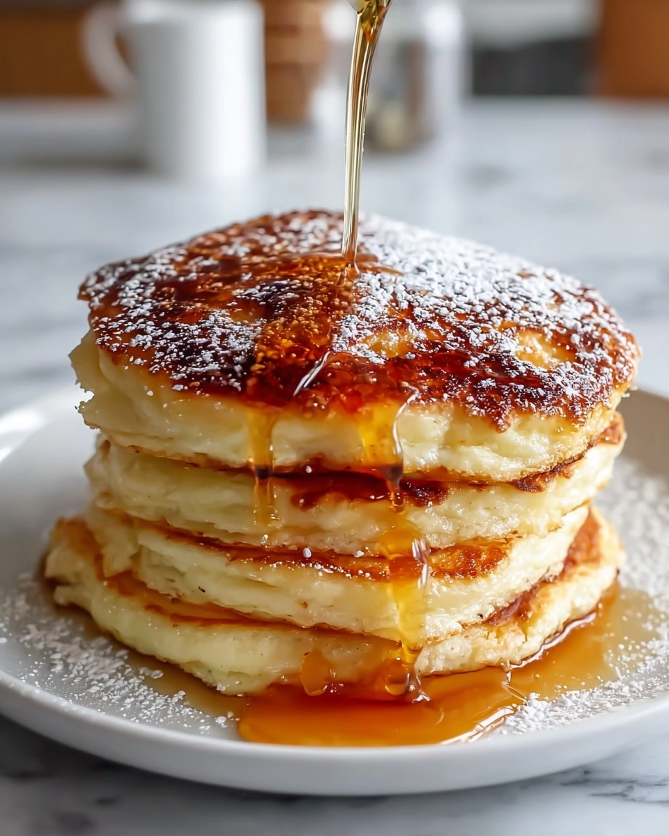 A stack of four thick, golden-brown pancakes sits in the middle of a round white plate. Each pancake has a soft, fluffy texture with light browning on the edges. A rich, amber syrup is being poured generously over the top, dripping down the sides and pooling on the plate around the base. The top pancake is dusted lightly with fine white powdered sugar, adding a delicate contrast to the warm syrup and golden pancakes. The whole scene is set on a white marbled surface, giving it a clean, bright look. photo taken with an iphone --ar 4:5 --v 7