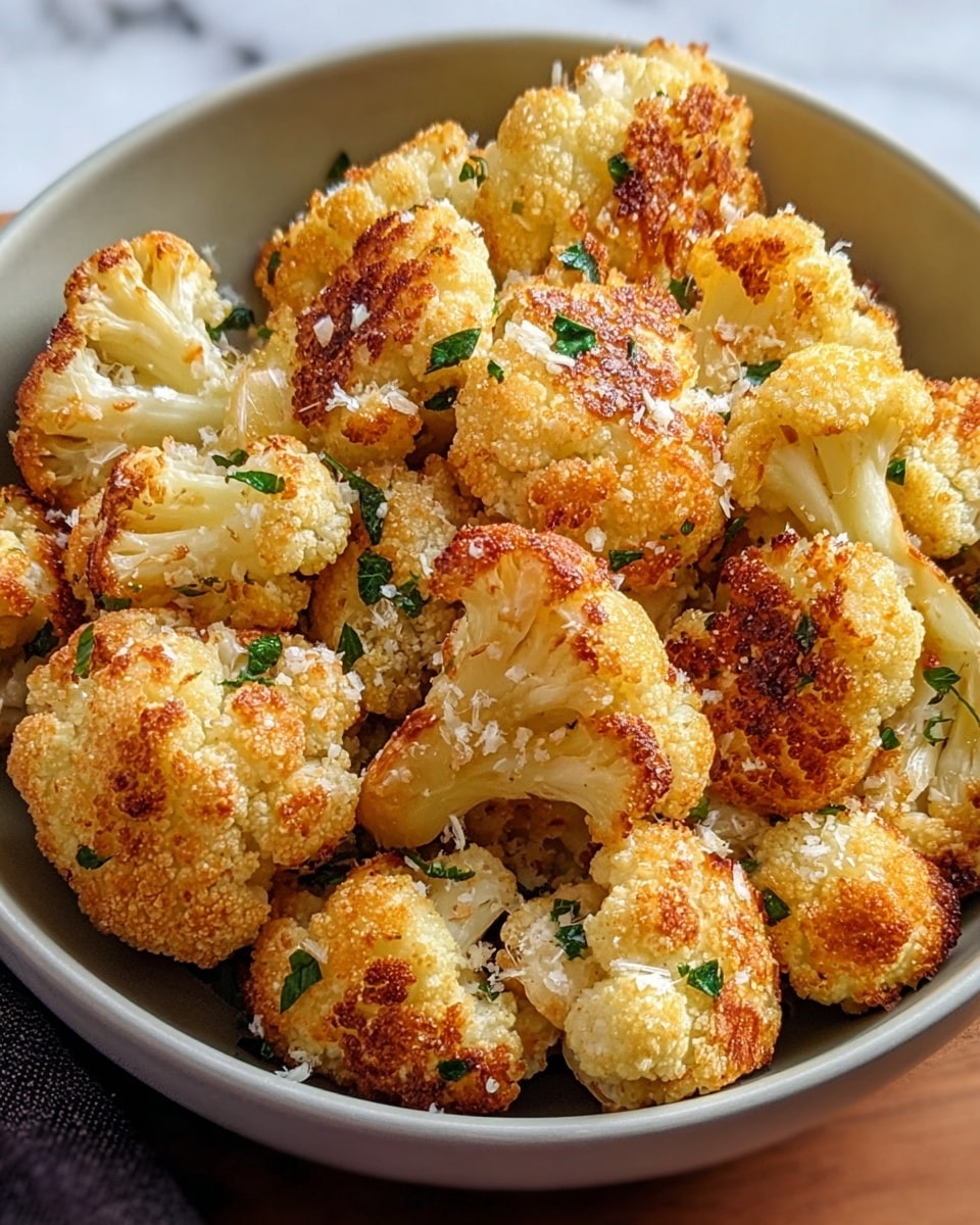 A bowl filled with golden-brown roasted cauliflower florets, each piece showing a crispy texture on the outside with light brown toasted spots and small white cheese crumbs sprinkled on top; bits of green herbs are scattered throughout the florets, adding color contrast, all contained in a white bowl sitting on a white marbled surface. photo taken with an iphone --ar 4:5 --v 7