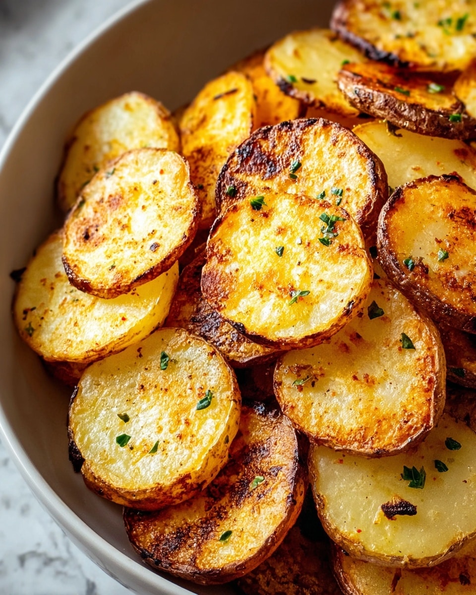 A close-up view of thin round slices of roasted potatoes piled together, each slice showing a golden-brown crispy surface with some darker charred spots, and light yellow soft insides; small bits of chopped green herbs scattered on top add a touch of color; the potato skins are light brown and slightly rough, framing each slice; the potatoes rest inside a white bowl, and the background is a white marbled texture. photo taken with an iphone --ar 4:5 --v 7