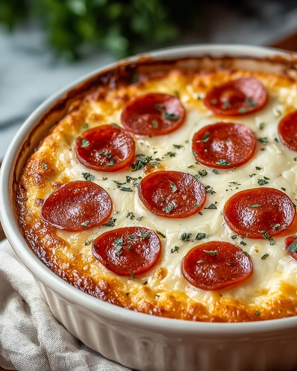 A close-up of a deep white bowl filled with a thick layer of golden baked cheese with a slightly browned top, covered by a smooth and slightly bubbly white melted cheese layer, topped with seven evenly spaced, shiny, red pepperoni slices each sprinkled with small green herb flakes. The bowl rests on a soft, light cloth on a white marbled surface with a blurred green plant in the background. photo taken with an iphone --ar 4:5 --v 7