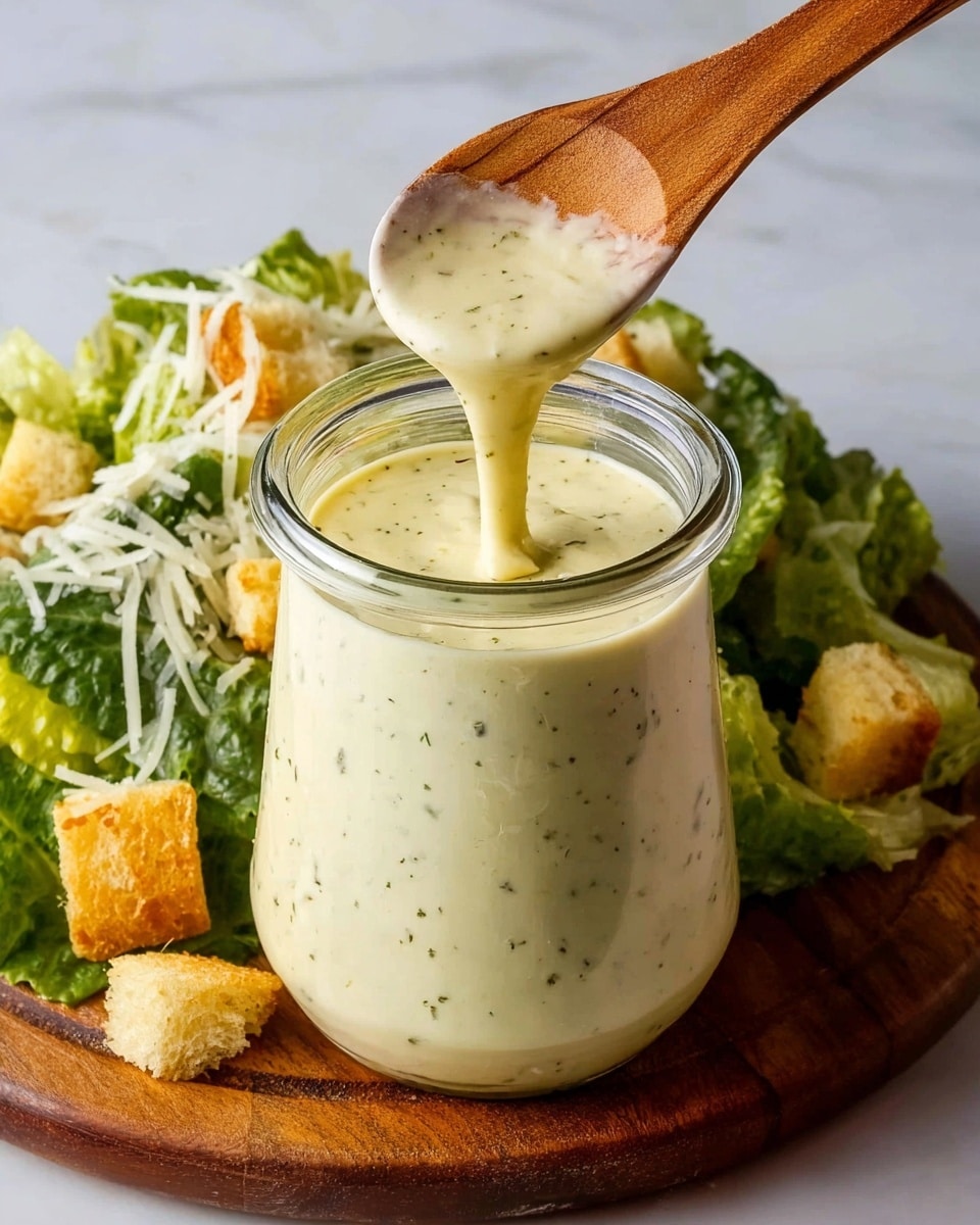 A clear glass jar is filled with a creamy, pale yellow dressing speckled lightly with green herbs and black pepper. A wooden spoon, held by a woman's hand, dips into the jar, lifting the thick, smooth dressing which drips slightly back into the jar. Behind the jar, fresh green leafy lettuce with a sprinkle of shredded white cheese and golden brown croutons are visible. The jar sits on a wooden board placed on a white marbled surface. photo taken with an iphone --ar 4:5 --v 7