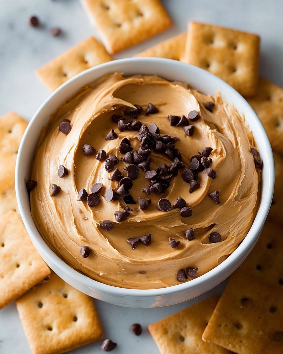 A white bowl filled with a thick, smooth light brown peanut butter dip that has been swirled on top to create soft, creamy waves; the dip is garnished with a generous scattering of small, dark brown chocolate chips that add texture and contrast. Surrounding the bowl are square-shaped crackers with a golden-brown color and small holes in the center, placed on a surface with a white marbled texture. photo taken with an iphone --ar 4:5 --v 7