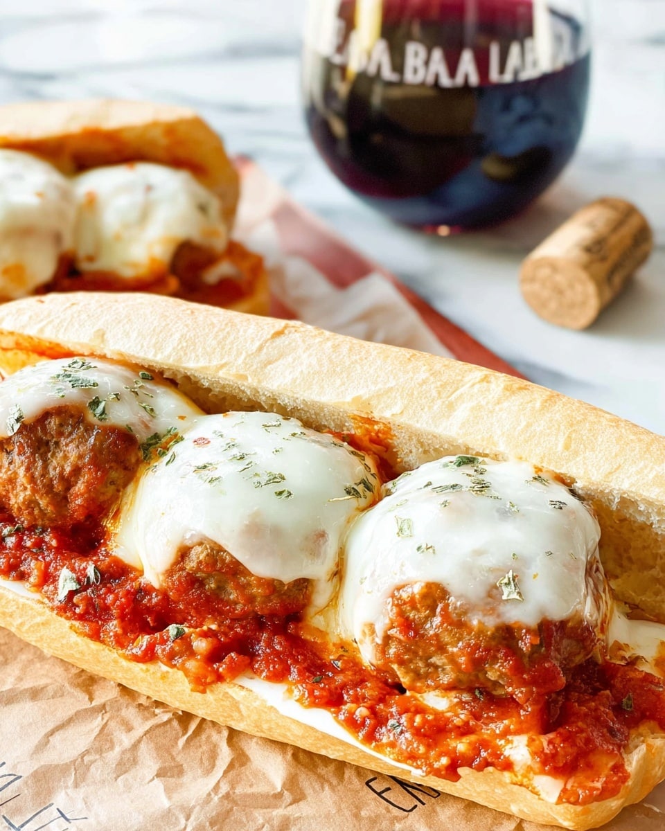 The image shows a sandwich with a white baguette sliced open and layered with a thick spread of red marinara sauce holding three large, round meatballs. On top of each meatball is a melted white mozzarella cheese layer, slightly browned and sprinkled with herbs. The sandwich sits on brown parchment paper on a white marbled surface. In the background to the right, there is a glass of dark red wine with a cork nearby. photo taken with an iphone --ar 4:5 --v 7
