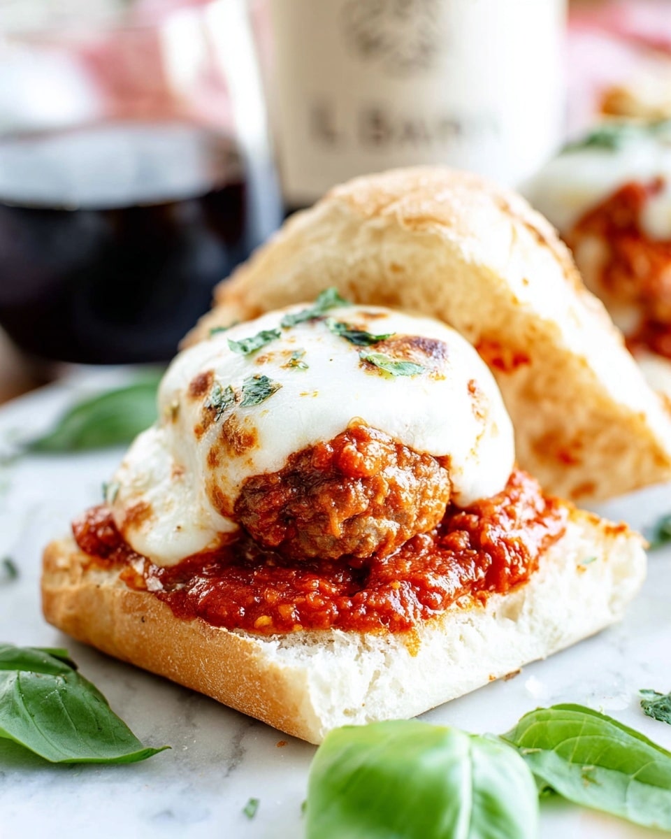 A close-up view of a sandwich on a white square bread roll with a light golden crust. The bottom layer shows a juicy brown meatball covered thickly with bright red marinara sauce that has a slightly chunky texture. On top of the meatball, there is a layer of melted white mozzarella cheese with some browned grilled spots and scattered green herb flakes. The sandwich is placed on a white marbled surface with fresh green basil leaves nearby and a glass filled with a dark beverage in the blurred background. photo taken with an iphone --ar 4:5 --v 7