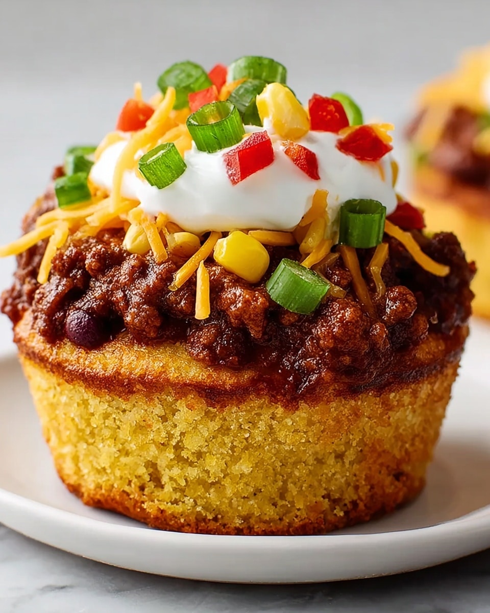 A close-up of a savory cornbread muffin with four distinct layers is shown on a white plate against a white marbled background. The bottom layer is a golden-brown, textured cornbread muffin base. On top of that is a thick layer of dark brown, chunky chili with a moist texture. Above the chili sits a thick, smooth layer of white sour cream. The top layer is a colorful mix of shredded orange cheddar cheese, bright yellow corn kernels, chopped red bell peppers, and sliced green onions, all scattered evenly. The overall look is vibrant and appetizing. photo taken with an iphone --ar 4:5 --v 7