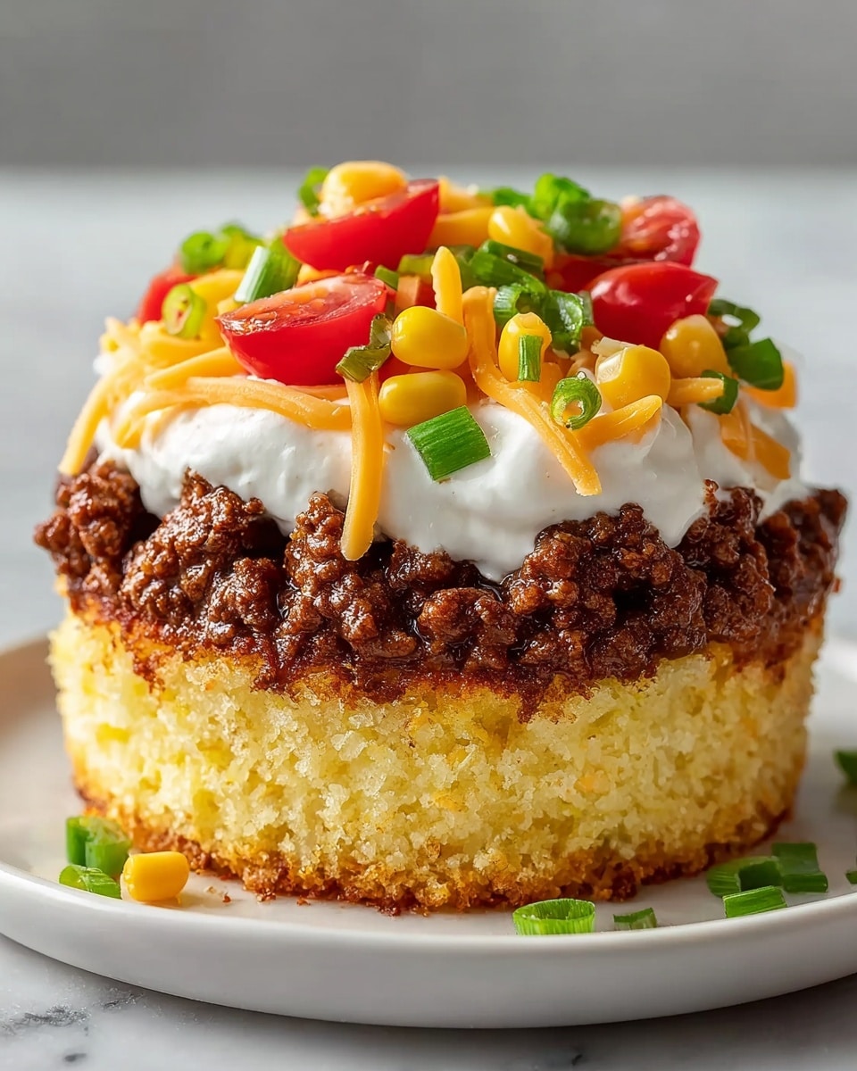 A small savory dish with four clear layers sits on a white plate over a white marbled surface. The bottom layer is a thick, golden yellow cake-like base with a slightly crumbly texture. On top of it is a rich dark brown layer of cooked ground beef, crumbly and moist. Above the beef lies a thick layer of white creamy sauce, smooth and spread evenly. The top layer has finely shredded bright orange cheddar cheese, scattered yellow corn kernels, small bright red cherry tomato halves, and chopped fresh green onions, adding vibrant color contrast. Photo taken with an iphone --ar 4:5 --v 7