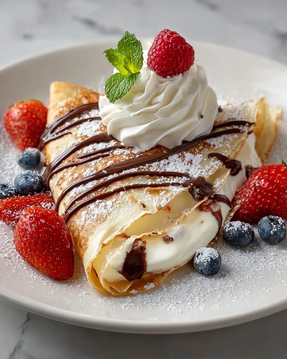 The image shows a white plate with a folded crepe that has three thin layers, the outer layer is golden brown with a soft texture, folded to reveal a fluffy white cream filling inside. The crepe is drizzled with dark chocolate sauce on top and pooled to the right side of the plate. A swirl of white whipped cream sits on top of the crepe, topped with a red raspberry and a small green mint leaf. Around the crepe, there are fresh red strawberries and small blue blueberries dusted with powdered sugar, which is also lightly sprinkled on the crepe and plate. The background has a white marbled texture. photo taken with an iphone --ar 4:5 --v 7