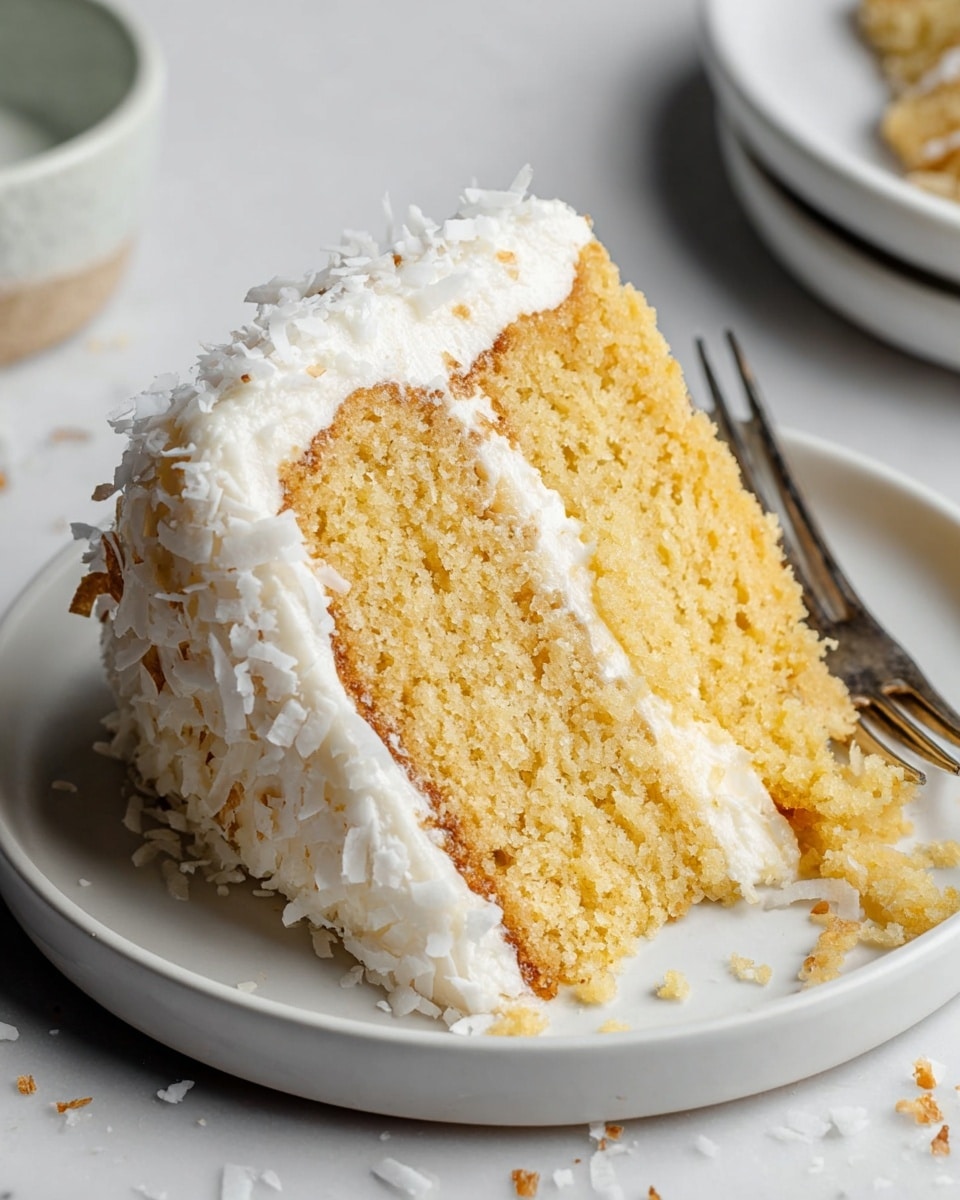 A two-layer round cake covered completely in white frosting and shredded coconut on top and sides, sitting on a beige plate. Each cake layer is light golden brown with a fluffy texture, separated by a thick white cream layer. A slice is being lifted showing the soft crumb inside, with the white coconut flakes clinging to the smooth, creamy frosting between and around the layers. The background is a white marbled texture with two glass bottles of milk and a beige bowl filled with shredded coconut nearby. A woman's hand holding the spatula is partially visible at the cake's edge. photo taken with an iphone --ar 4:5 --v 7