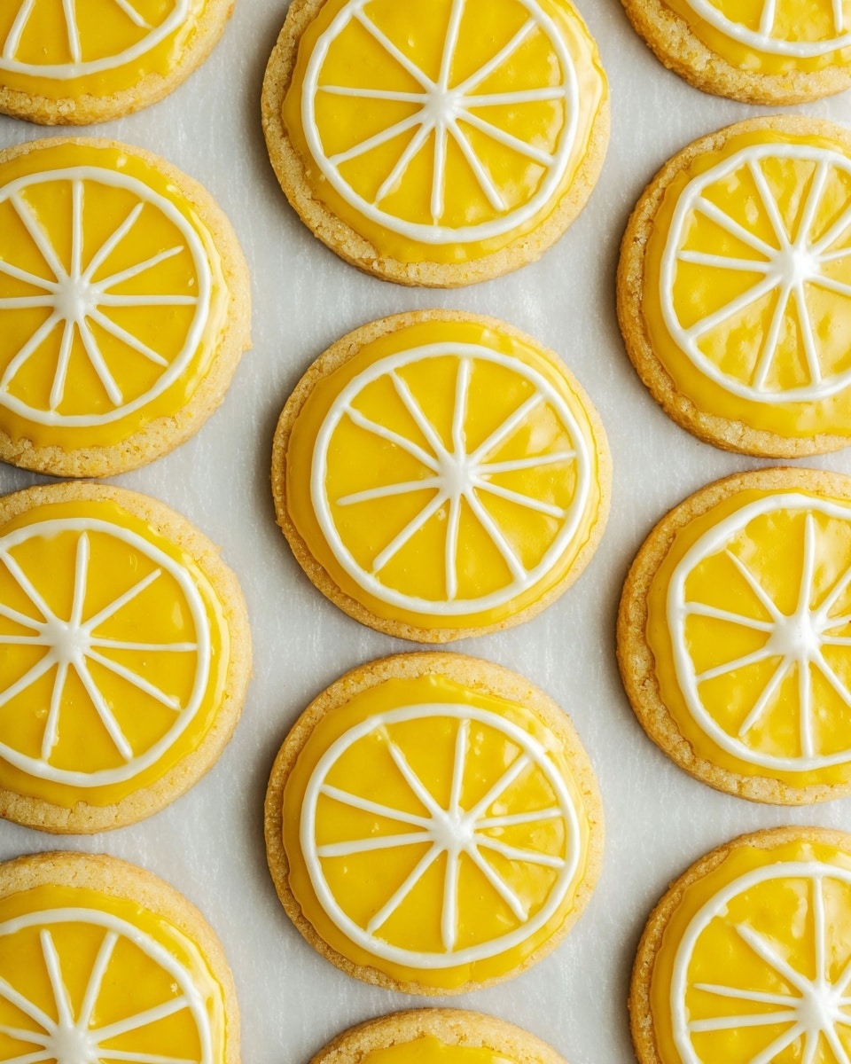 The image shows a close-up top view of multiple round lemon cookies placed neatly in rows on a white marbled textured surface. Each cookie has two layers: the bottom layer is a golden yellow cookie base with a slightly rough texture, and the top layer is a glossy lemon yellow glaze covering the surface. On top of the glaze, white icing is piped in a pattern resembling lemon slices, with thin lines radiating from a small dot in the center to the edges, creating a segmented look like a lemon wheel. The overall arrangement of the lemon cookies is uniform and bright, showing their glossy and fresh appearance. photo taken with an iphone --ar 4:5 --v 7