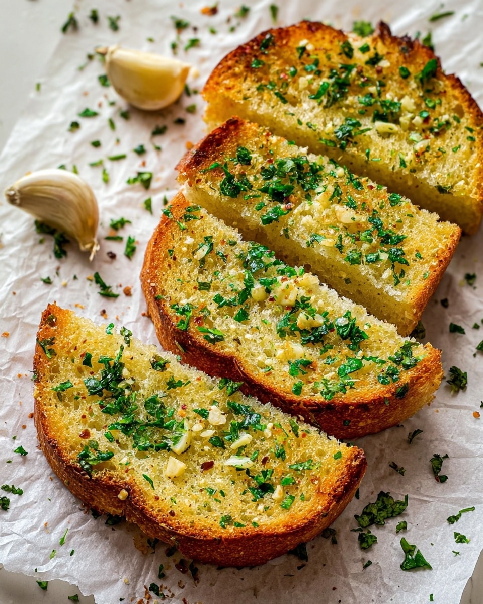 The image shows four slices of toasted bread placed on a brown wooden board over a white marbled textured surface. Each slice has a crispy golden-brown crust with a soft, yellowish interior covered by a layer of finely chopped green herbs and small bits of garlic spread evenly on top. The texture looks crunchy and slightly oily, with visible seasoning scattered on the surface. There are some loose bits of herbs on the white marbled textured surface near the wooden board. The photo taken with an iphone --ar 4:5 --v 7