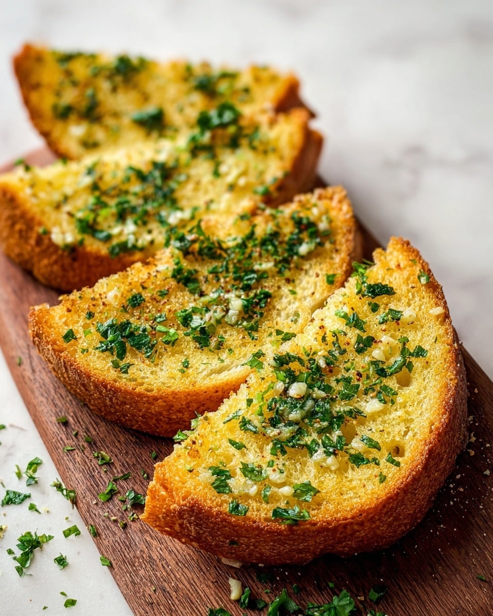The image shows four slices of golden garlic bread with a crispy crust and soft inside, placed on white parchment paper over a white marbled surface. Each slice has a topping of chopped green herbs, mainly parsley, sprinkled evenly, along with small bits of roasted garlic visible on the surface. The bread's texture is airy with small holes throughout, and its edges are browned and crunchy. Two whole garlic cloves are placed to the left side of the bread slices, adding to the rustic feel of the scene. Photo taken with an iphone --ar 4:5 --v 7