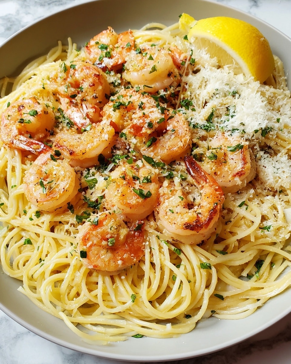A close-up of a plate of spaghetti with shrimp, presented on a white plate. The spaghetti forms the bottom layer with a pale yellow color and smooth texture, spread evenly across the plate. On top, there are several cooked shrimp with a light orange-pink color and slightly charred spots, scattered evenly over the noodles. The dish is garnished with chopped green herbs sprinkled over the shrimp and pasta. There is a generous dusting of finely grated white cheese concentrated on the top right side of the dish. A bright yellow wedge of lemon sits behind the shrimp toward the upper edge of the plate. The background is a white marbled surface. photo taken with an iphone --ar 4:5 --v 7