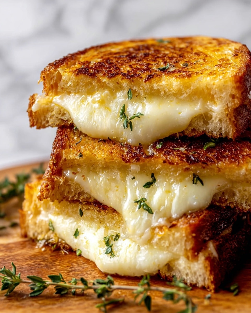 A close-up view of a stack of three grilled cheese sandwich halves, each showing two layers of golden brown toasted bread with a crunchy texture and a thick, gooey layer of melted yellow cheese oozing out from between the slices. The cheese stretches in a smooth, creamy flow between the layers, with the bread's crust appearing deeply toasted and slightly crispy. The sandwich stack is placed on a brown wooden surface with some green herbs visible around the edges. The background is a soft white marbled texture. photo taken with an iphone --ar 4:5 --v 7
