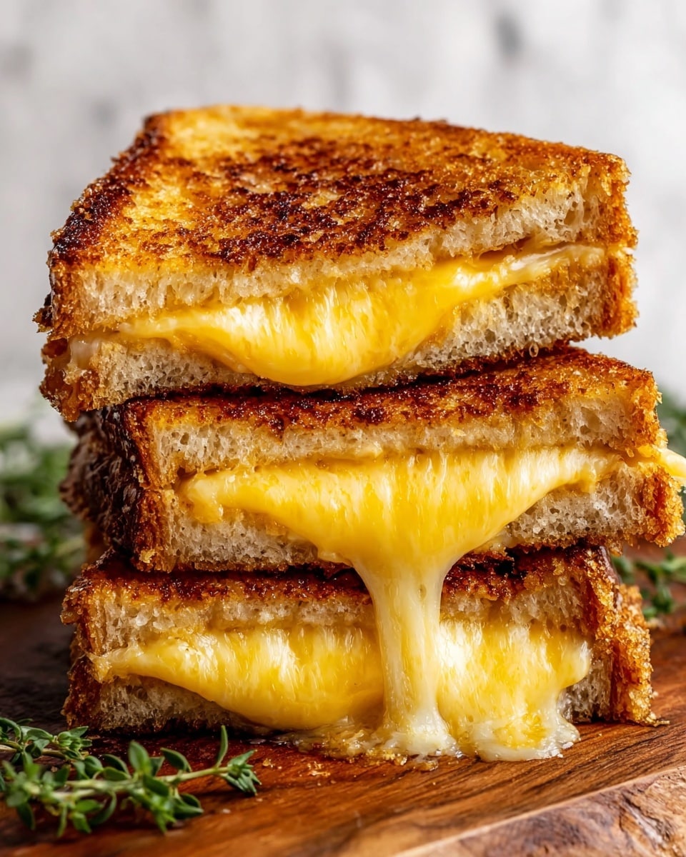 The image shows a close-up of a grilled cheese sandwich sliced into two parts and stacked. The sandwich has three layers of golden-brown toasted bread with a crisp texture. Between each bread layer, there is a thick, gooey, melted cheese layer that is creamy white and slightly stringy. Small green herb leaves are sprinkled on the melted cheese and around the sandwich, adding a touch of color. The sandwich sits on a wooden surface with a few herb leaves scattered nearby, and the background is a white marbled texture. photo taken with an iphone --ar 4:5 --v 7