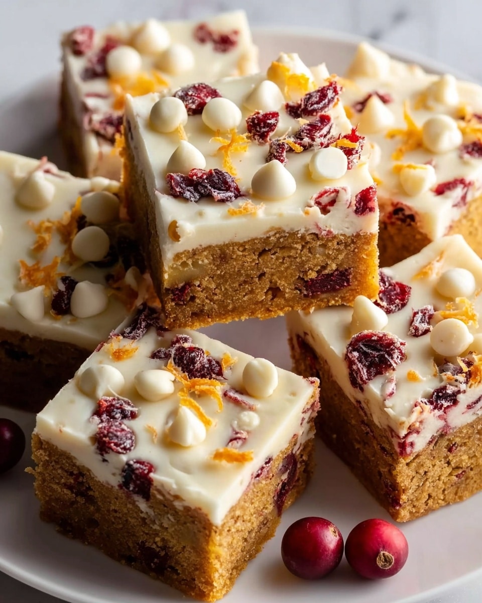 The image shows four square pieces of a cake on a white plate, placed on a white marbled surface. Each piece has two layers: the bottom layer is a light brown cake with visible bits of cranberry inside, and the top layer is a smooth white frosting. On top of the frosting, there are small white chocolate chips scattered, along with dried red cranberries and small orange zest curls. Some whole dried cranberries are also placed around the cake on the plate. The photo is taken with an iphone --ar 4:5 --v 7