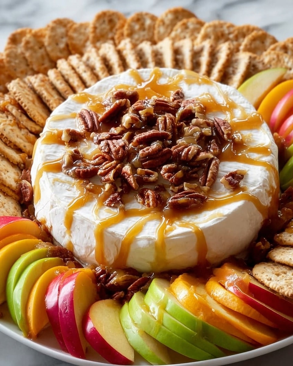 A white round cheese wheel is placed in the center, topped with a layer of chopped pecans and surrounded by a drizzle of golden caramel sauce creating a shiny texture on the smooth cheese. Around the cheese, there are neat layers of thinly sliced fruits in a circular pattern, with red and green apple slices and yellow peach slices showing bright and fresh colors. On the outer edge, there are round crackers arranged evenly, adding a rough texture contrast. All of this sits on a white platter against a white marbled surface. photo taken with an iphone --ar 4:5 --v 7