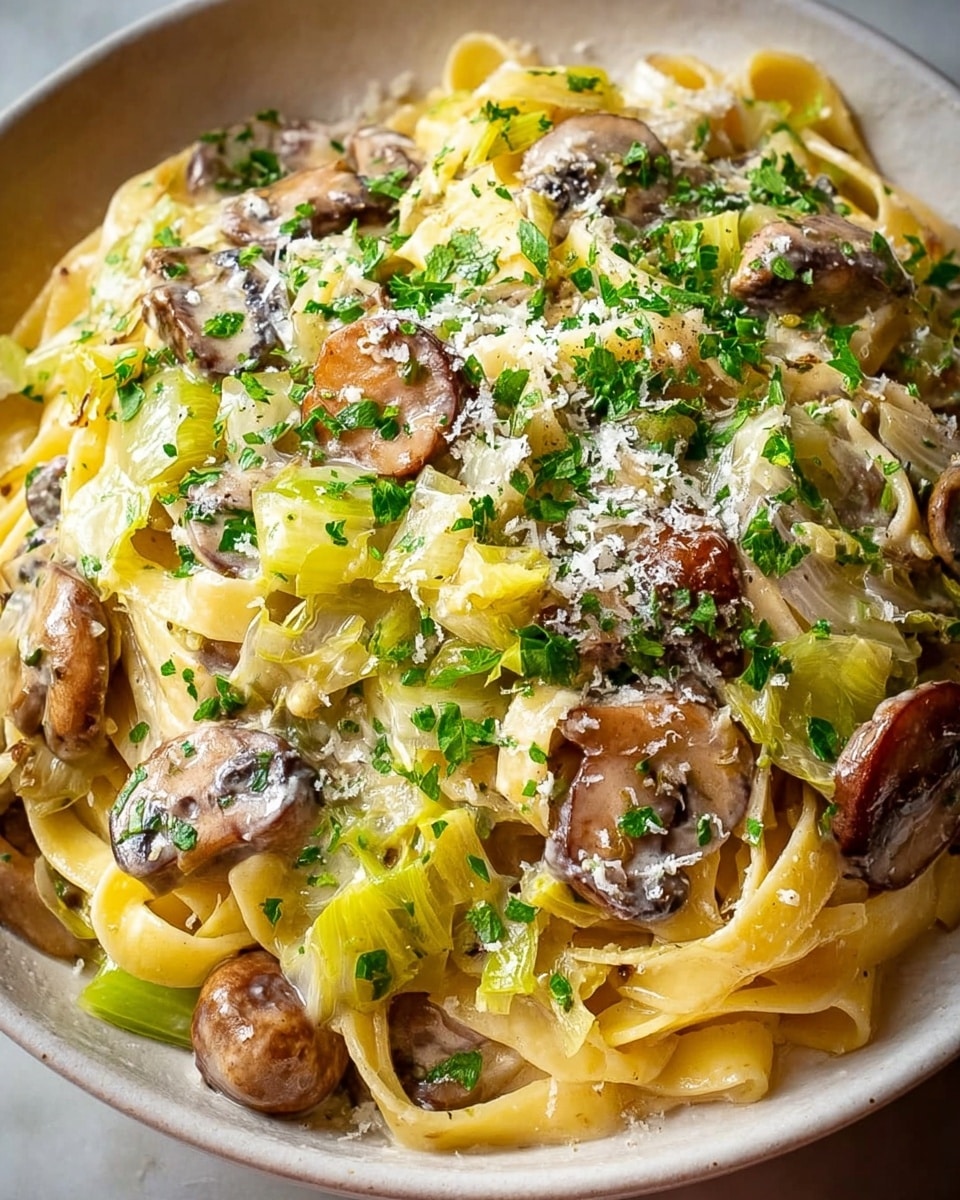 The dish shows a close-up of creamy pasta with three main layers: the bottom layer is soft yellow fettuccine noodles, draped and slightly curled; the middle layer consists of light green cooked leeks and browned mushrooms with a smooth, slightly shiny texture; the top layer is sprinkled with finely chopped fresh green herbs and grated white cheese, adding a rough texture. All ingredients look moist and well mixed, set against a white marbled texture background. photo taken with an iphone --ar 4:5 --v 7