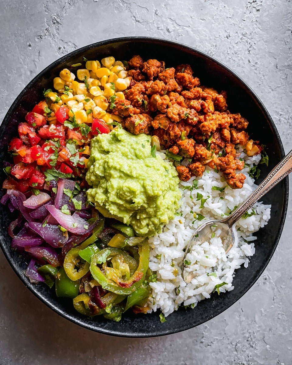 A black bowl holds a colorful layered dish with five distinct sections, all sitting on a white marbled textured surface. Starting from the bottom right, there is a layer of fluffy white rice mixed with small green herb pieces and a silver spoon resting on it. To the left of the rice, there is a creamy bright green scoop of guacamole adorned with tiny bits of herbs. Above the guacamole, a reddish-orange minced meat or plant protein with visible herb sprinkles forms the next section. To the left of this, a fresh corn salad with yellow corn kernels, red diced tomatoes, purple onion pieces, and green herbs brings more color. The final section at the bottom left consists of sautéed green bell peppers and purple onions with a slightly glossy texture. photo taken with an iphone --ar 4:5 --v 7
