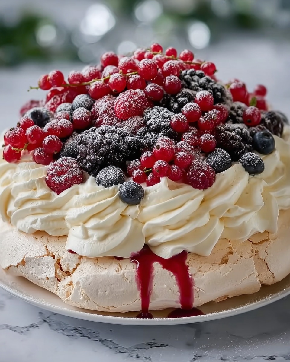 A pavlova dessert with a thick, light beige base layer of meringue that has a slightly cracked texture. On top of the base is a fluffy layer of white whipped cream arranged in soft, swirled peaks around the edges. The top layer is a pile of mixed fresh berries, including red currants, blackberries, and blueberries, with a dusting of powdered sugar giving a light snowy effect. Some red berry juice is slightly dripping down the sides of the meringue base. The cake sits on a white plate, with a white marbled surface underneath. Photo taken with an iphone --ar 4:5 --v 7
